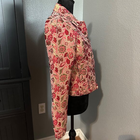 VTG Carrie Allen Jacket Women's S Pink Red Floral Metallic Brocade Jacquard Chic - Picture 6 of 9